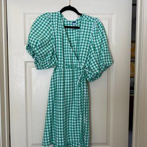 Buffalo Check Wrap Dress with Puff Sleeves